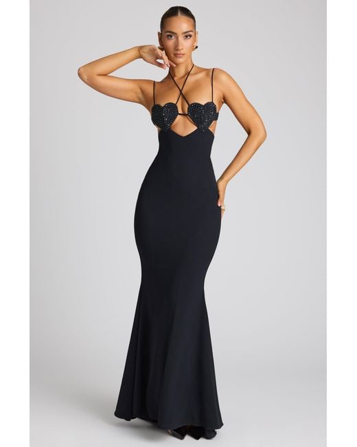Oh Polly Black Embellished Heart Cup Detail Evening Gown