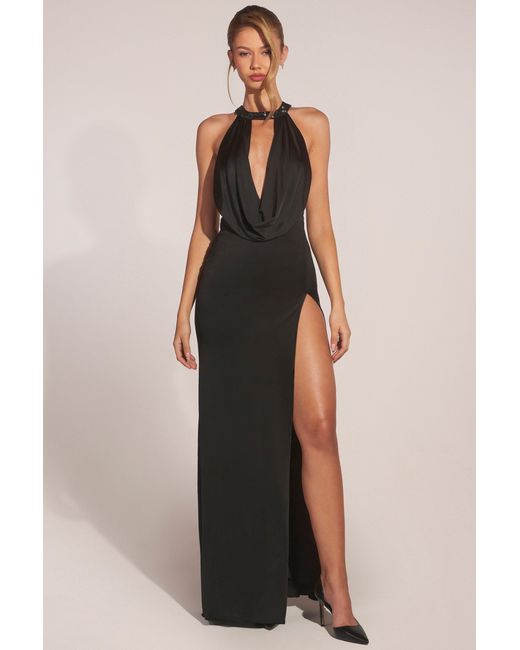 Oh Polly Black Cowl-Neck Thigh-High Gown