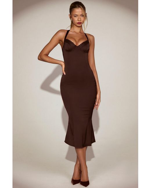 Oh Polly Brown Satin Sweetheart Bustier Fishtail Midaxi Dress
