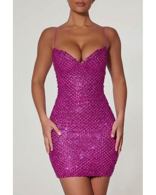 Oh Polly Pink Embellished Sweetheart-Neck Mini Dress
