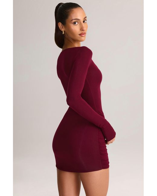 Oh Polly Red Modal Boat-Neck Draped Long-Sleeve Mini Dress