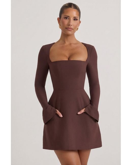 Oh Polly Brown Square-Neck Structured Tulip Mini Dress