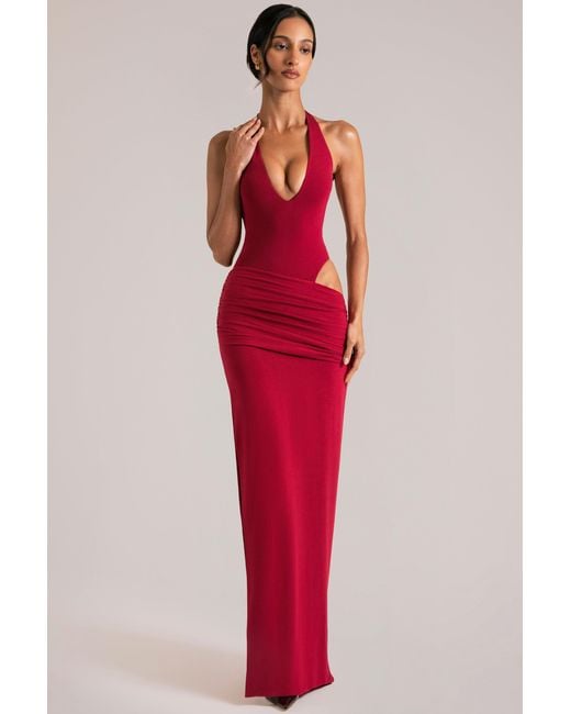 Oh Polly Red Deep Plunge Halterneck Maxi Dress