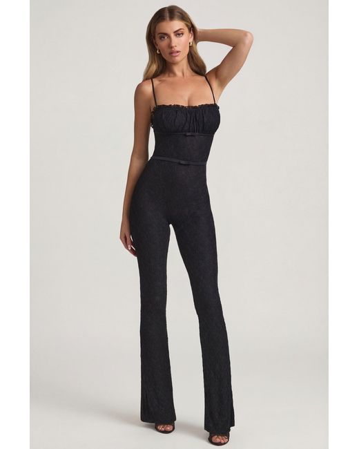 Oh Polly Black Bow-Detail Lace Flared Jumpsuit