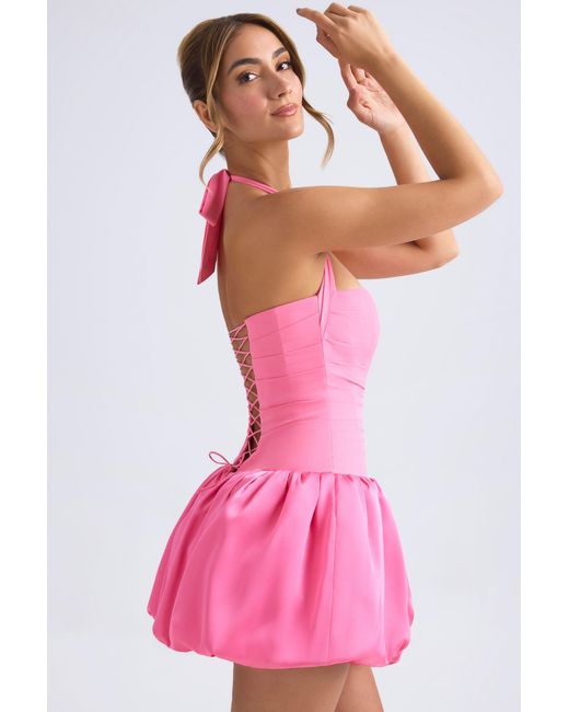 Oh Polly Pink Halterneck Lace-Up Bubble Hem Corset Micro Mini Dress
