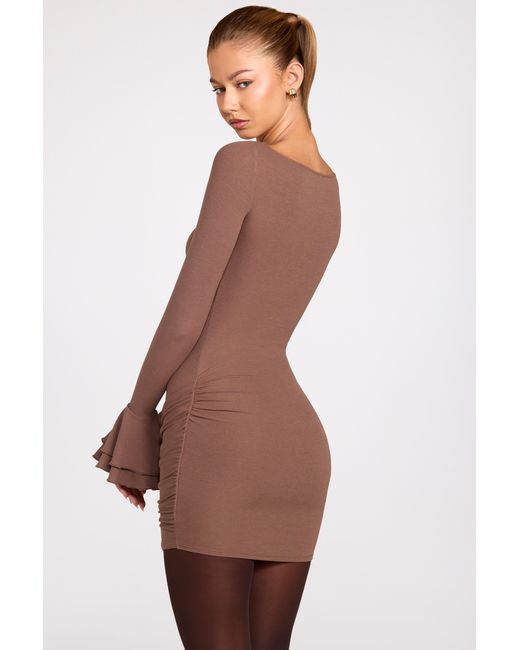 Oh Polly Brown Ribbed Modal Long-Sleeve Draped Mini Dress