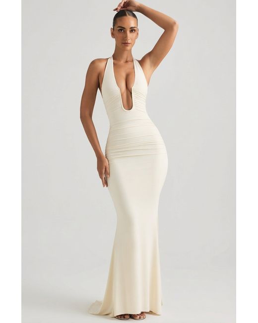 Oh Polly White Ruched Backless Halterneck Gown