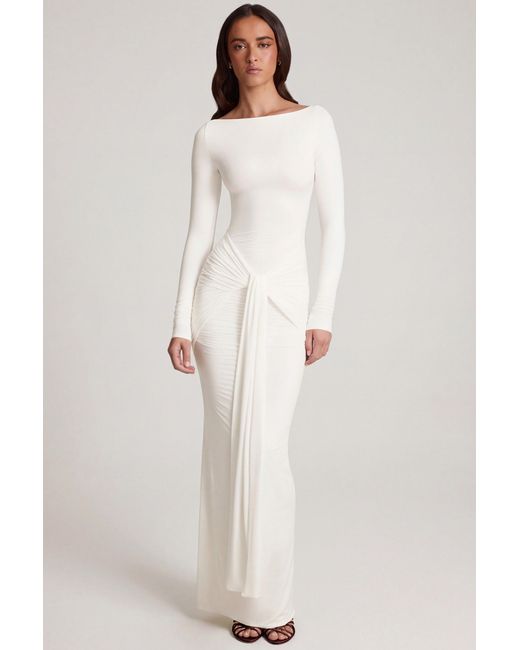 Oh Polly White Soft Jersey Boat-Neck Tie-Gather Maxi Dress