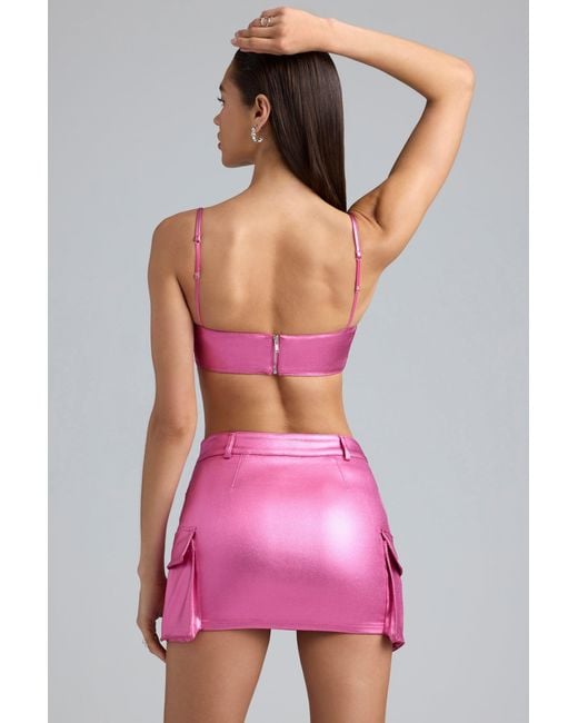 Oh Polly Pink Metallic Denim Mid-Rise Cargo Mini Skirt