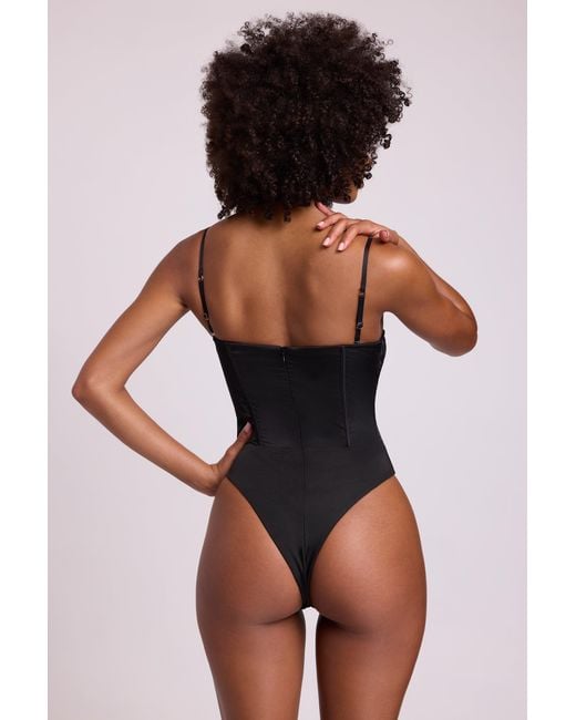 Oh Polly Black Satin Plunge Neck Lace Up Corset Bodysuit