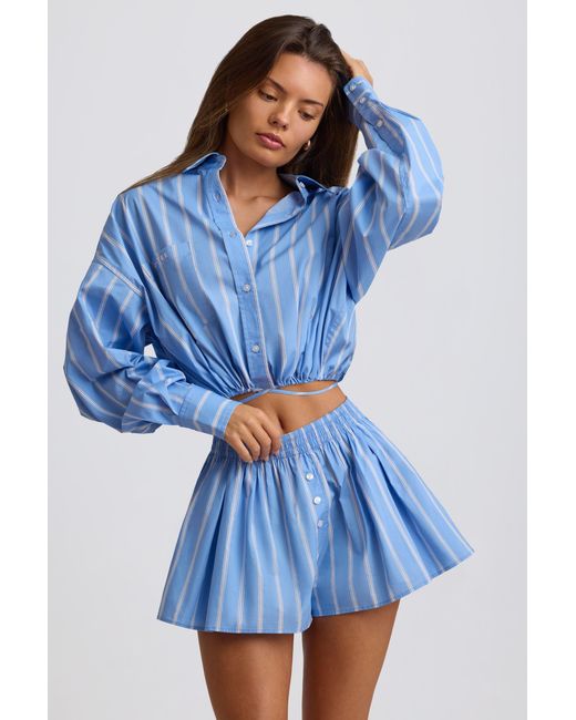 BO+TEE Blue Cotton Poplin Stripe Pleated Shorts