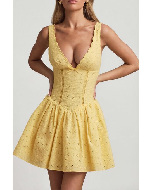 Oh Polly Yellow Broderie Anglaise Bow-Detail A-Line Mini Dress