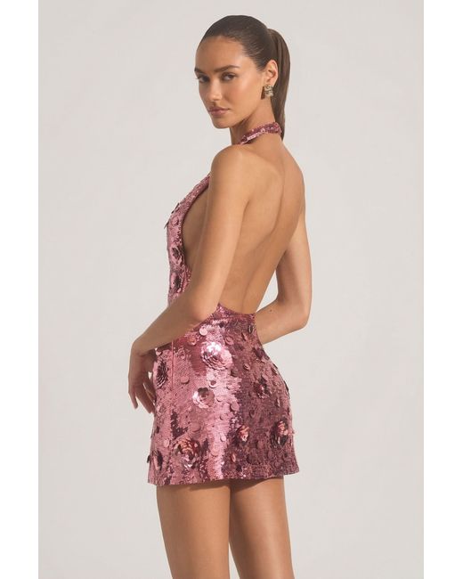 Oh Polly Pink Sequin-Embellished Halterneck Mini Dress