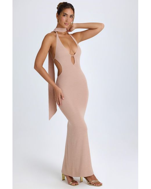 Oh Polly Pink Scarf-Detail Cut-Out Halterneck Maxi Dress