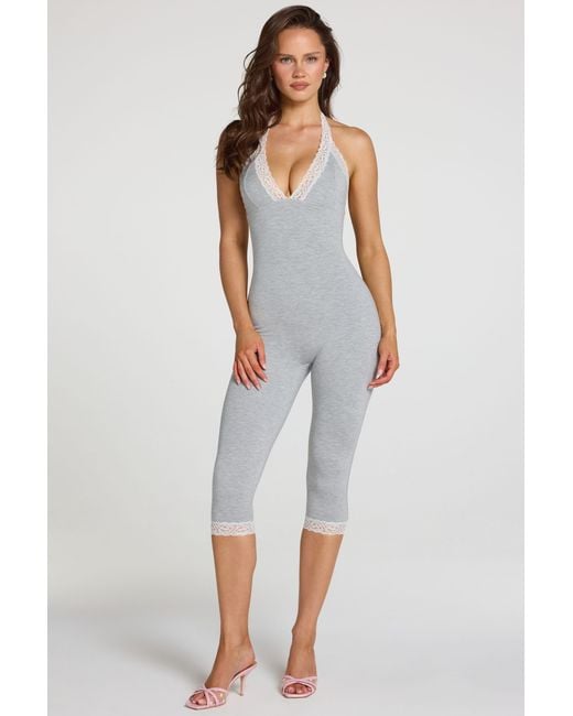 Oh Polly Gray Modal Lace-Trim Capri Jumpsuit