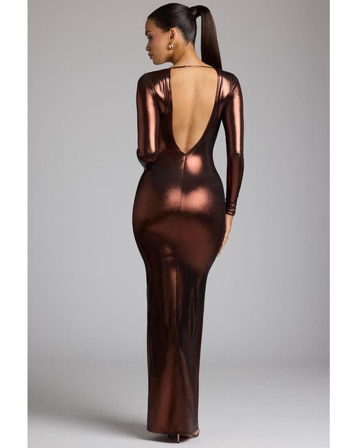 Oh Polly Brown Long Sleeve Metallic Jersey Evening Gown