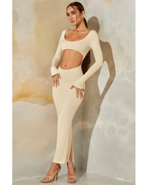 Oh Polly Natural Long Sleeve Cut Out Maxi Dress