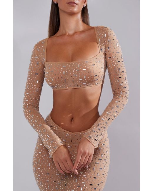Oh Polly Natural Sheer Embellished Long Sleeve Crop Top