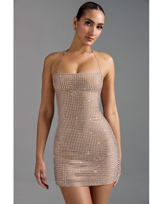 Oh Polly Natural Embellished Halterneck A-Line Mini Dress
