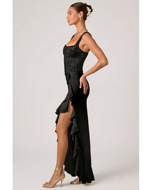 Oh Polly Black Embellished Ruffle-Trim Corset Gown