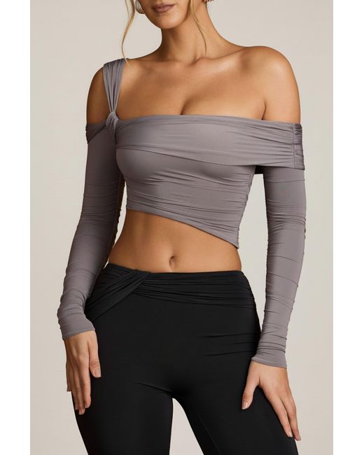 Oh Polly Gray Asymmetric Off-Shoulder Draped Top
