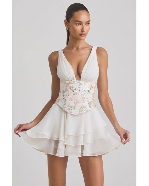 Oh Polly White Embellished Ruffled Corset Mini Dress