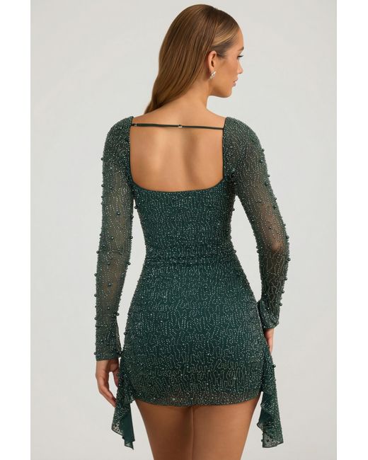 Oh Polly Green Embellished Cowl-Neck Draped Mini Dress