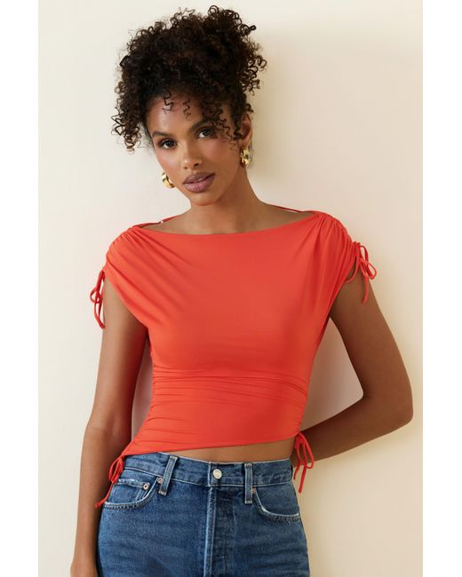 Oh Polly Red Asymmetric Ruched Cowl-Back Crop Top
