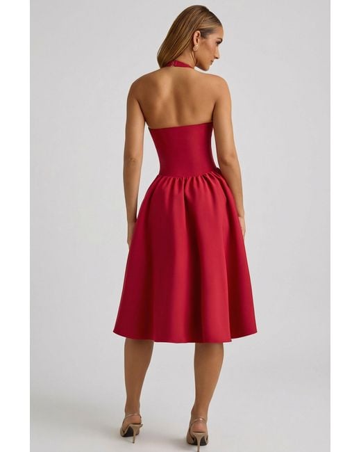 Oh Polly Red Halterneck Bow-Detail Midi Dress
