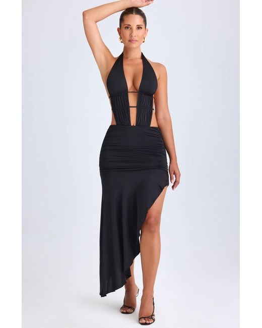 Oh Polly Black Asymmetric Cut-Out Halterneck Midaxi Dress