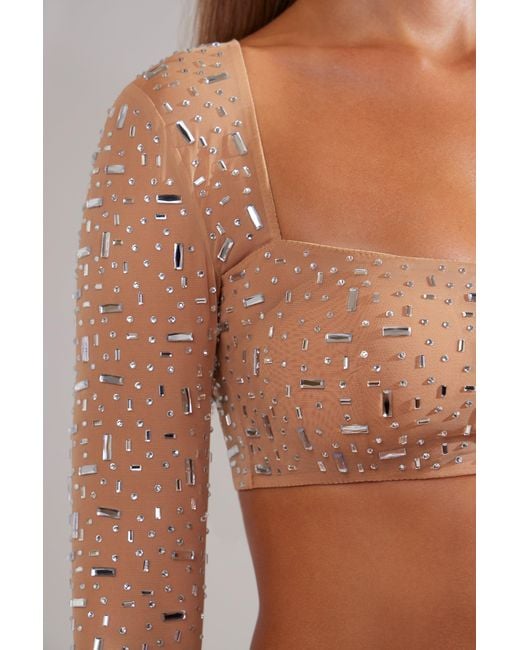 Oh Polly Natural Sheer Embellished Long Sleeve Crop Top