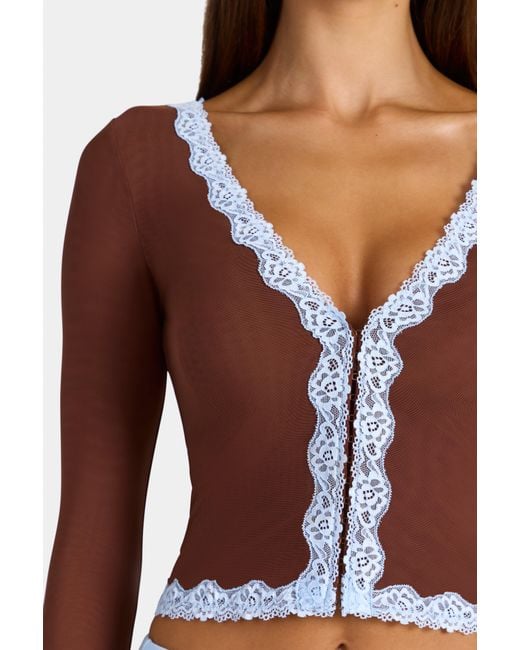 Oh Polly Brown Lace-Trim Cropped Cardigan