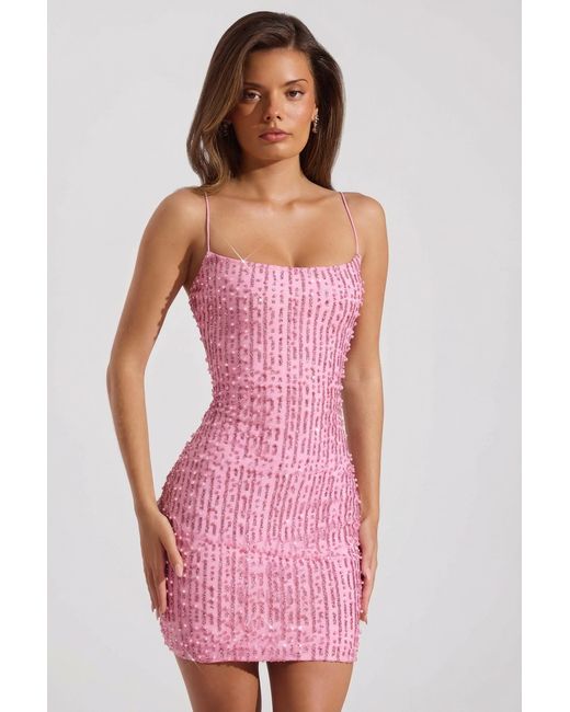 Oh Polly Pink Embellished Scoop-Neck Bodycon Mini Dress