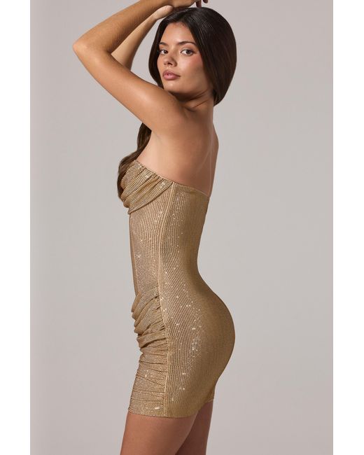 Oh Polly Brown Embellished Bandeau Cowl-Waist Mini Dress