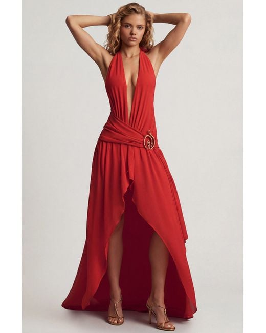 Oh Polly Red Asymmetric Halterneck Maxi Dress