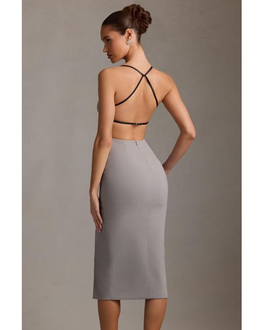 Oh Polly Gray Plunge-Neck Backless Midaxi Dress