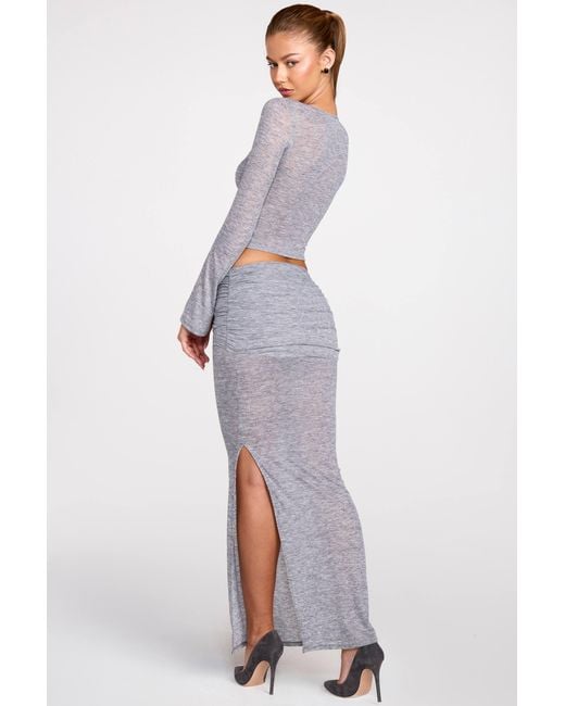 Oh Polly Gray Sheer Jersey Low-Rise Draped Maxi Skirt
