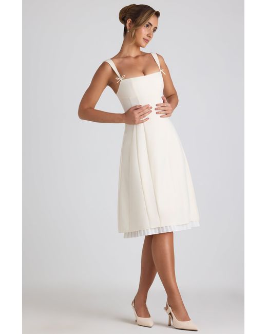 Oh Polly White Bow-Detail Pleated A-Line Midi Dress