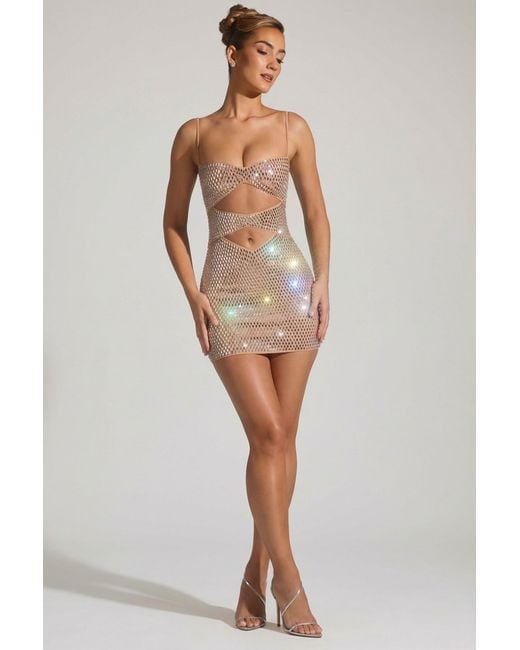 Oh Polly Natural Embellished Cut-Out Mini Dress