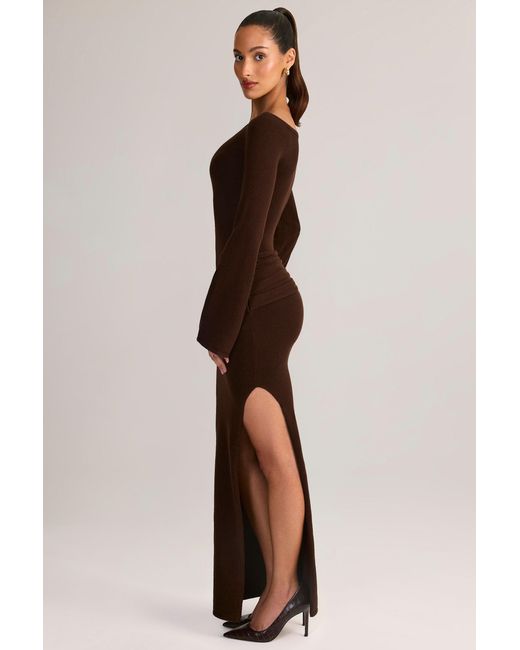 Oh Polly Brown Rib-Knit Boat-Neck Long-Sleeve Maxi Dress