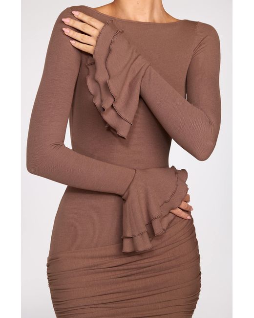 Oh Polly Brown Ribbed Modal Long-Sleeve Draped Mini Dress