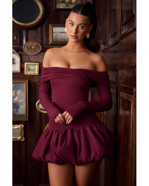 Oh Polly Red Modal Off-Shoulder Bubble Hem Mini Dress