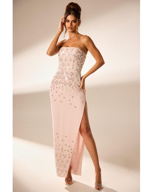 Oh Polly Pink Hand Embellished Bandeau Maxi Dress