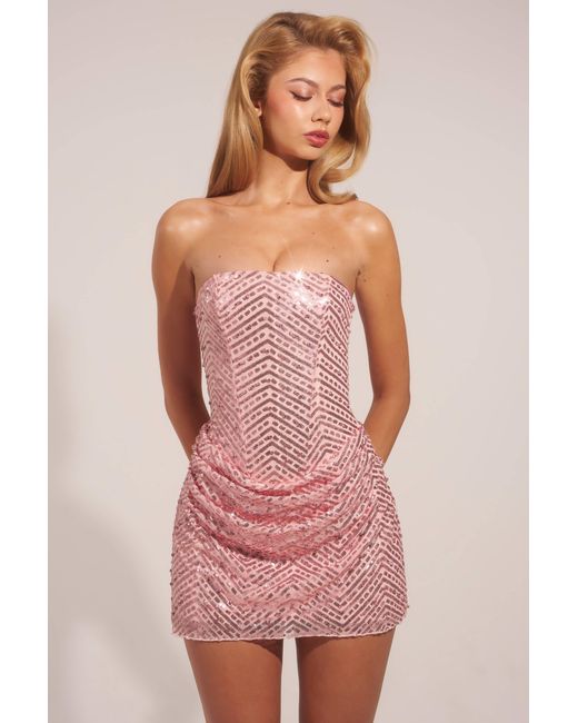Oh Polly Pink Embellished Draped Strapless A-Line Mini Dress