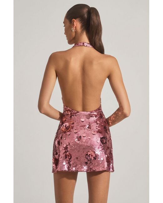 Oh Polly Pink Sequin-Embellished Halterneck Mini Dress