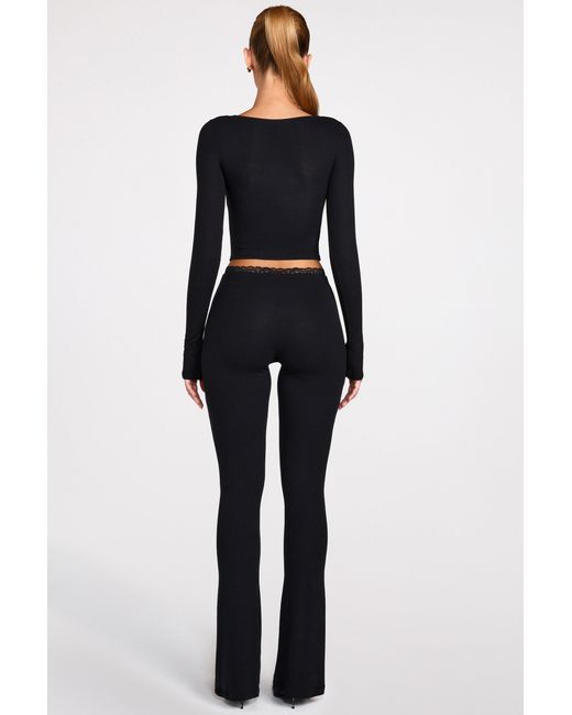 Oh Polly Black Modal Mid-Rise Flared Trousers