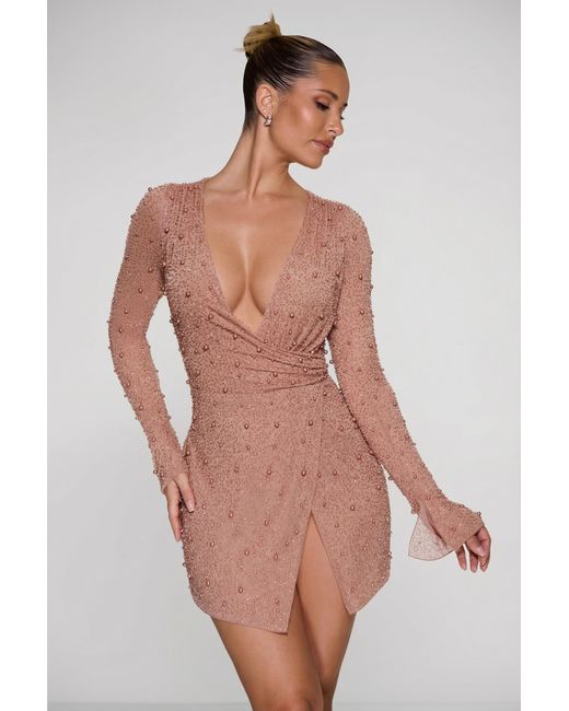 Oh Polly Natural Embellished Wrap Over A-Line Mini Dress