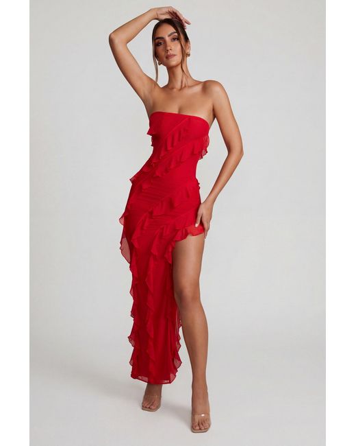 Oh Polly Red Bandeau Ruffle Detail Maxi Dress