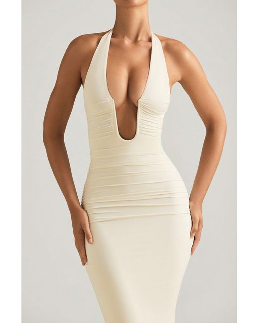 Oh Polly White Ruched Backless Halterneck Gown