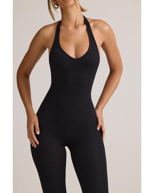 Oh Polly Black Modal Ribbed Backless Halterneck Jumpsuit